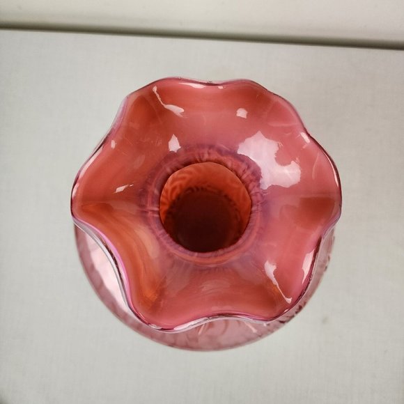 VTG Fenton Vase 11.5" Daisy & Fern Cranberry Opalescent Glass Ruffled White Pink - Picture 4 of 10